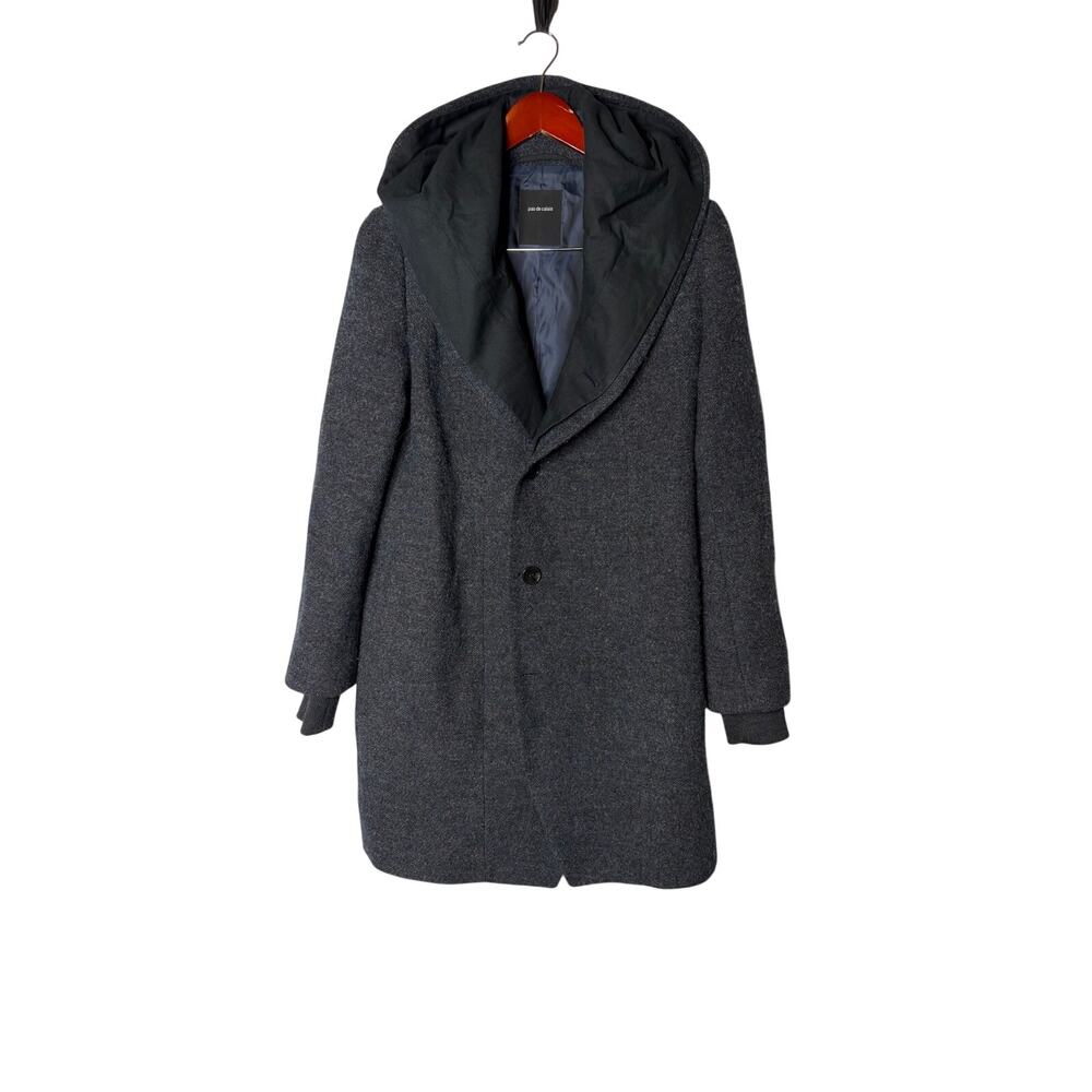 Pas de Calais 100% Wool Hooded Coat Charcoal Gray Draped Collar Japan Sz 38 M